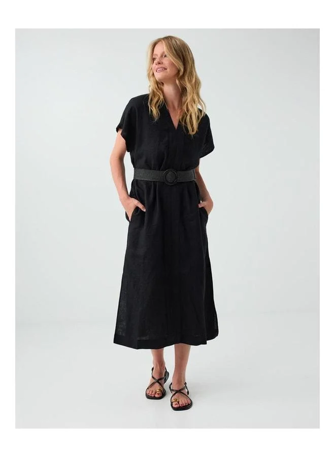 Jimmy Key Black 100% Linen V-Neck Midi Dress.