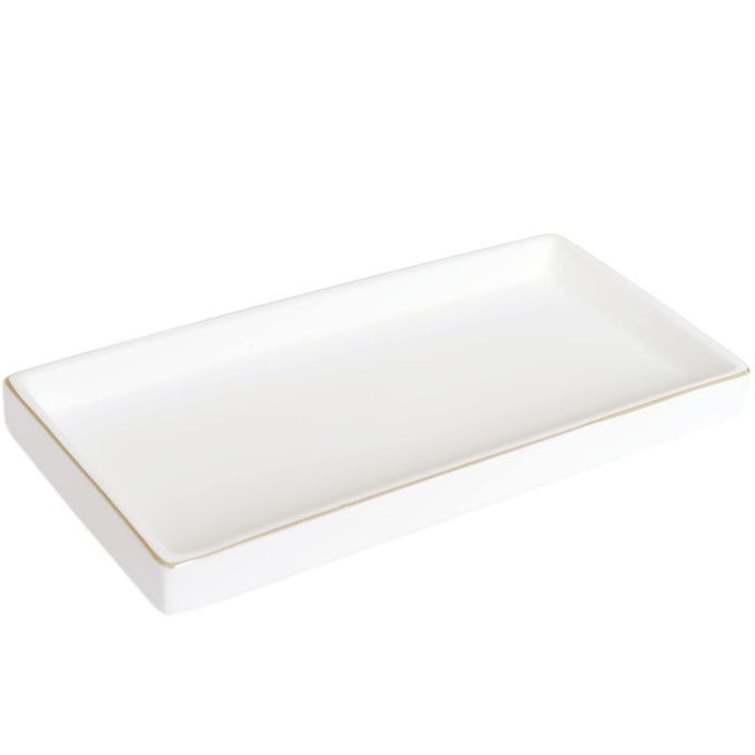 10 X 5 CERAMIC BATHROOM TRAY FOR COUNTERTOP DECORATIVE VANITY TRAY FOR DRESSER TOPS SMALL RECTANGULAR TRAYS FOR PERFUME CANDLE JEWELRY COSMETICS WHITE