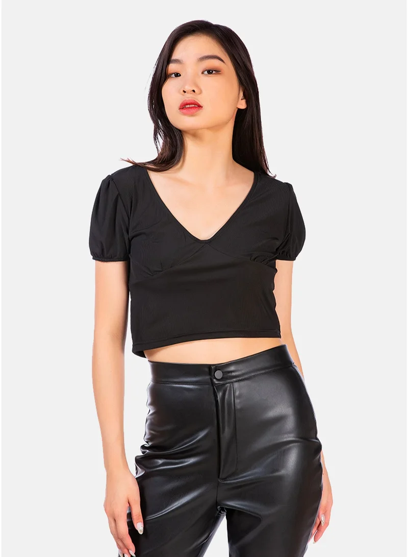 London Rag London Rag Black Pleated V Neck Top