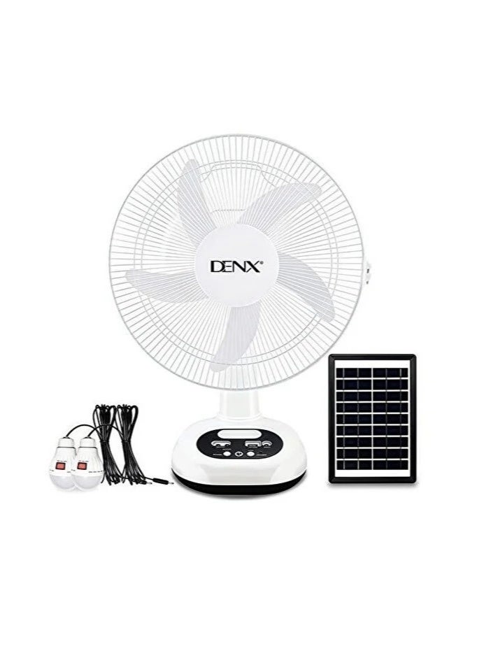 Dinex 16-inch solar-powered table fan with five blades and built-in light, suitable for camping, travel, and home use. - Image 1