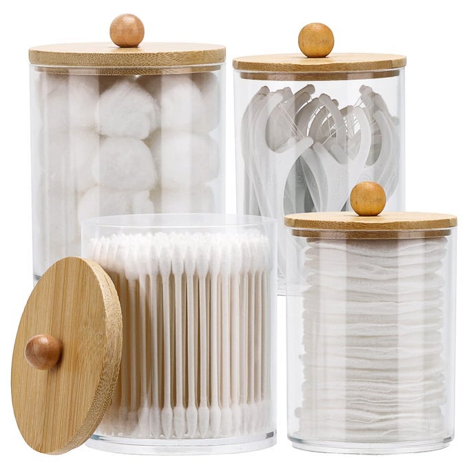 4 PACK QTIP HOLDER DISPENSER COTTON BALL COTTON SWAB FLOSS 12OZ 10 OZ CLEAR PLASTIC APOTHECARY JARS FOR BATHROOM ORGANIZER AND STORAGE CONTAINERS BAMBOO LIDS