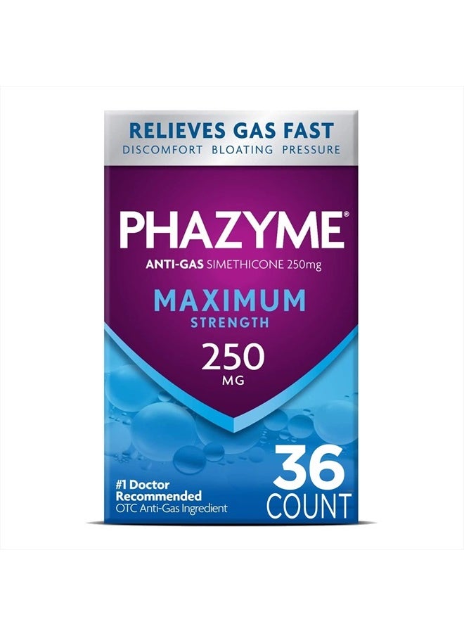 Phazyme Maximum Strength Gas and Bloating Relief, 250 mg Simethicone, 36 Fast Gels(Pack of 1)  - Image 1