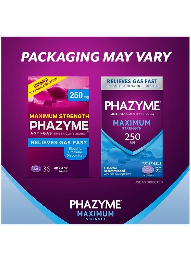 Phazyme Maximum Strength Gas and Bloating Relief, 250 mg Simethicone, 36 Fast Gels(Pack of 1)  - Image 2