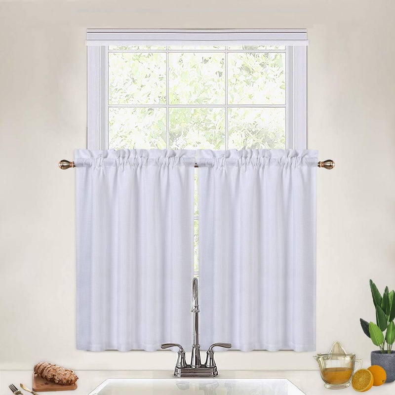 CAROMIO CAROMIO Cafe Curtains 36 Inch Length Waffle Woven Textured Short Tier Curtains for Kitchen Cafe Bathroom Window Curtains White