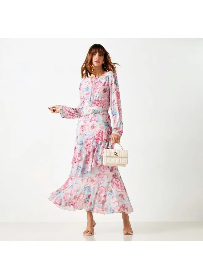 Iconic Iconic All-Over Floral Print Dress with Long Sleeves