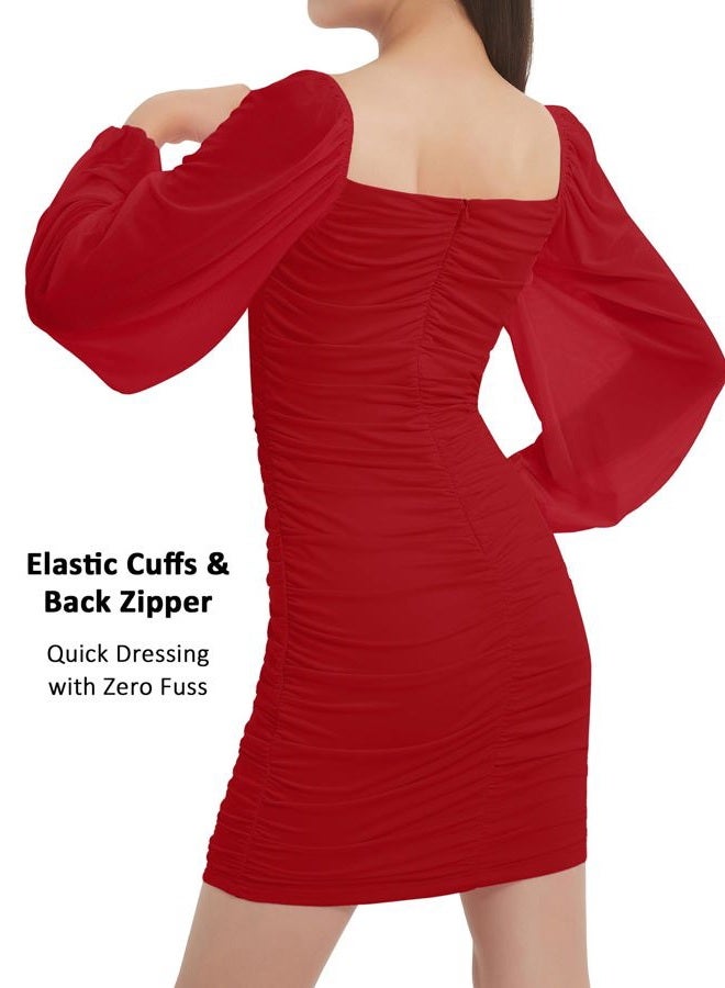 EXARUS Girls Ruched Dress Bodycon Padded Spaghetti Strap/Long Sleeve Dance Homecoming Teen Dresses Formal Mini 8-14Y, Long Sleeve Red, 10 Years - Image 5
