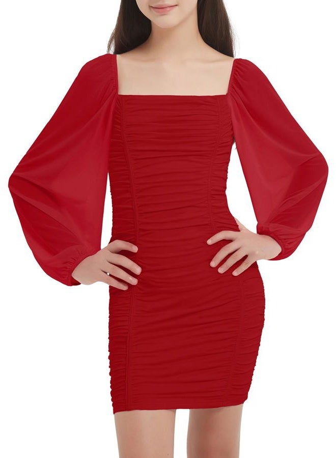 EXARUS Girls Ruched Dress Bodycon Padded Spaghetti Strap/Long Sleeve Dance Homecoming Teen Dresses Formal Mini 8-14Y, Long Sleeve Red, 10 Years - Image 1