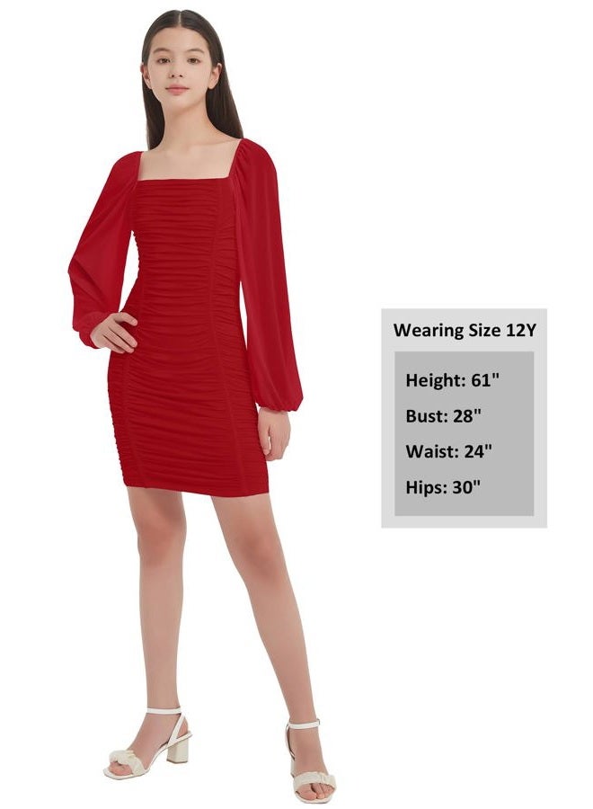 EXARUS Girls Ruched Dress Bodycon Padded Spaghetti Strap/Long Sleeve Dance Homecoming Teen Dresses Formal Mini 8-14Y, Long Sleeve Red, 10 Years - Image 2
