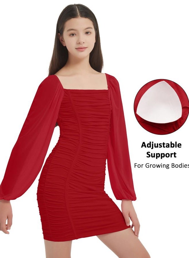EXARUS Girls Ruched Dress Bodycon Padded Spaghetti Strap/Long Sleeve Dance Homecoming Teen Dresses Formal Mini 8-14Y, Long Sleeve Red, 10 Years - Image 3