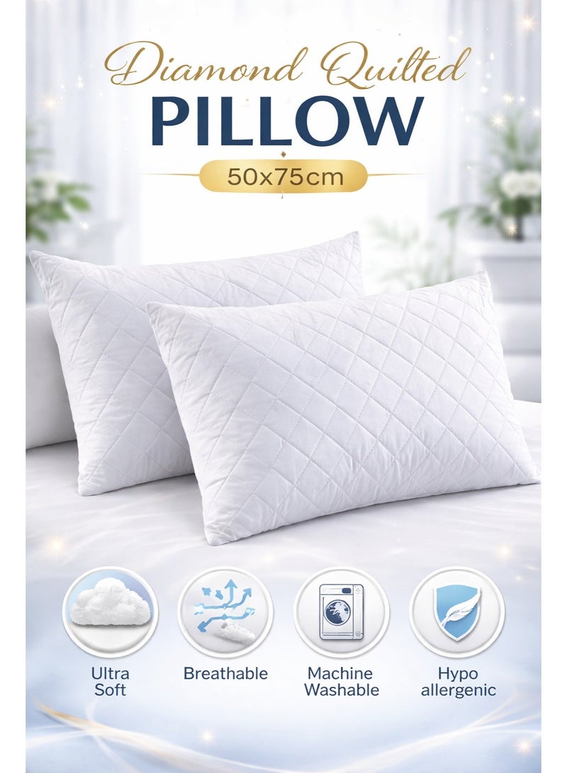 إي وورلد وسائد سرير بيضاء عالية الجودة، بتصميم مبطن على شكل ماسي للنوم على الجنب والبطن، مضادة للحساسية، ناعمة ومنتفخة، خفيفة وقابلة للتنفس بحشوة بوليستر متينة للراحة القصوى (50×75 سم) – عبوة 1 & 2 - Image 1