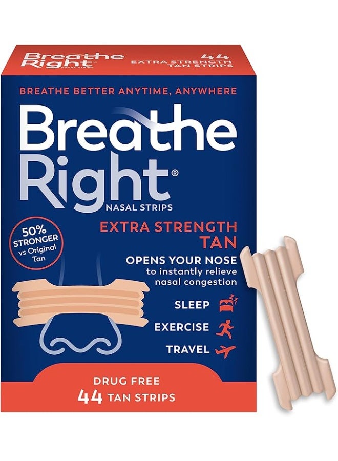 Breathe Right Extra Strength Tan Nasal Strips, Nasal Congestion Relief due to Colds & Allergies, Reduces Nasal Snoring caused by Nasal Congestion, Drug-Free, 44 count - Image 1