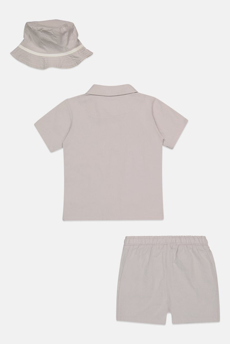 Fudo Kids Boy 3 Pieces Brand Logo Shirt With Shorts And Bucket Hat Set, Light Grey - Image 3