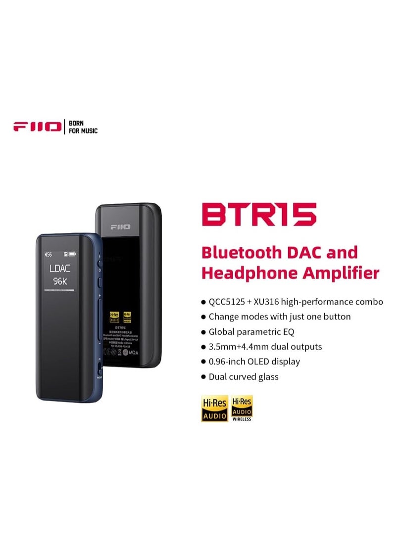 FiiO - BTR15 Headphone Amps Bluetooth 5.1 Receiver High Resolution 384K/32Bit Native DSD256 USB DAC Supports LDAC/aptX HD/MQA For Smartphones/PC/Car/Home Audio Titanium - Image 1