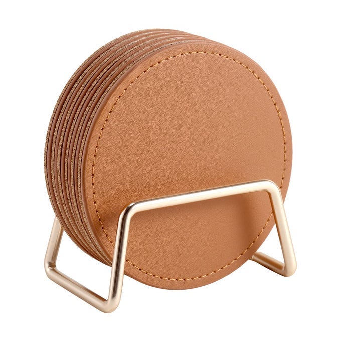 Drink Coasters with Metal Holder Stand Set of 6 PU Leather Absorbent Coasters with Cork Base Table Coaster Set Decorative Coffee Cup Coasters Housewarming Gift for Home Decor