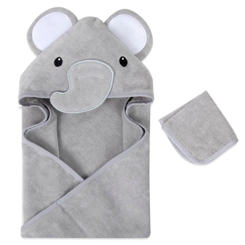 Baby Essentials Baby Animal Hooded Towel and Washcloth Set for Newborns, Infants, Toddlers Boys and Girls 3-24 Months (Elegant Grey Elephant) - Image 1