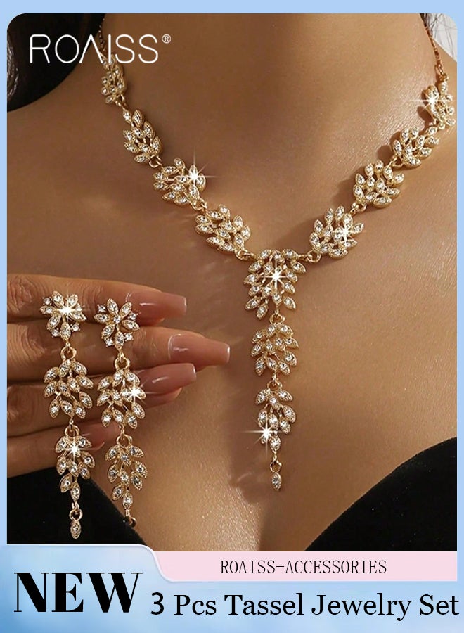 roaiss Women's Gold Rhinestone Necklace and Earrings, Luxury Tassel Bridal Jewelry Set, Suitable for Parties and Festivals, Elegant Fashion Accessories - Image 1