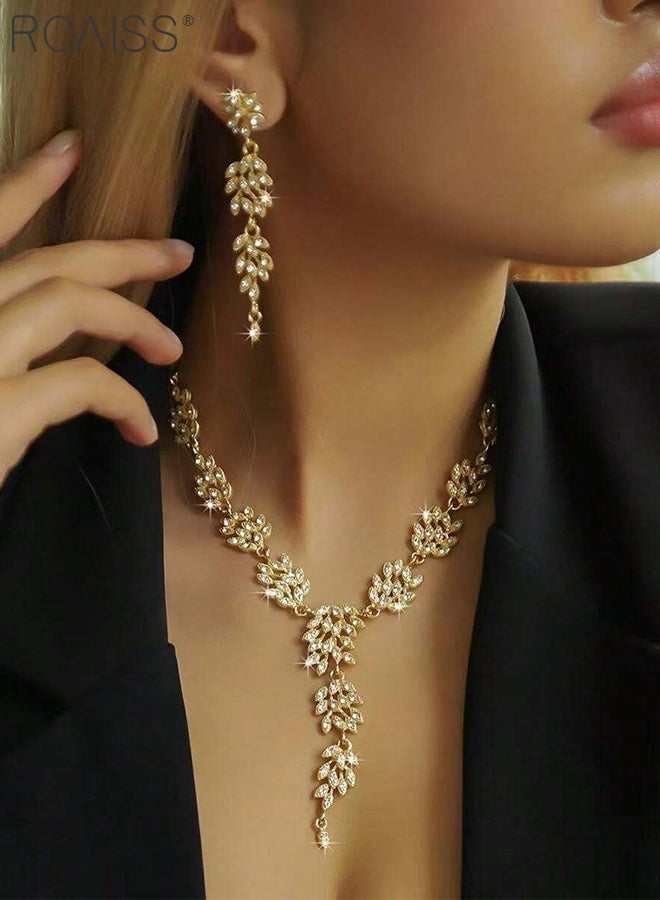 roaiss Women's Gold Rhinestone Necklace and Earrings, Luxury Tassel Bridal Jewelry Set, Suitable for Parties and Festivals, Elegant Fashion Accessories - Image 3