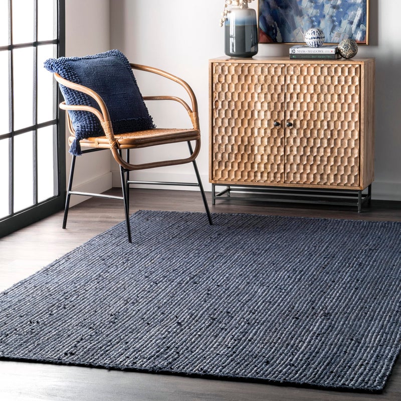 nuLOOM nuLOOM 10x14 Rigo Jute Hand Woven Area Rug Navy Solid Farmhouse Design Natural Fiber For Bedroom Living Room Dining Room Hallway Office Kitchen Entryway 