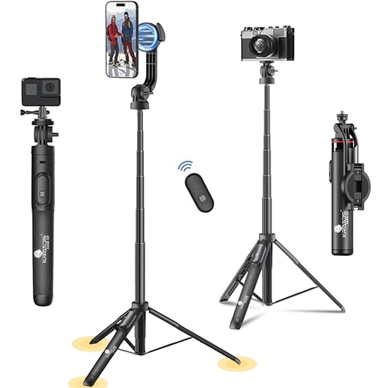 Kratos Magnetic Selfie Stick Tripod Stand Reinforced 53"/ 135 CM Long tripod stand, 360° Rotation, Bluetooth Remote for Selfie, Vlogging, Travel & Compatible with iPhone, Smartphones, Gopro, Ringlight - Image 1