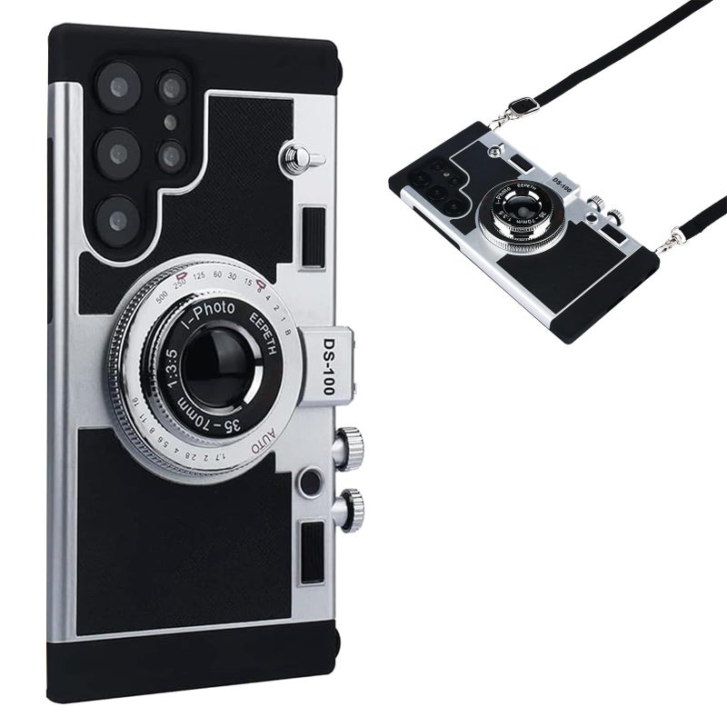 QoKcoahn Camera Case Compatible with Samsung Galaxy S25 Plus Kawaii 3D Cartoon Vintage Camera with Long Lanyard Silicone PC Crossbody Phone Case Shockproof Protector Black - Image 2