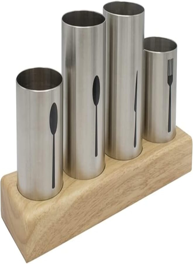 Arabest Silverware Holder, Stainless Steel Utensil Organizer with Bamboo Base for Storing Spoons Knives and Forks, Suitable for Kitchen, Restaurant, Entertainment, Buffet, Picnic