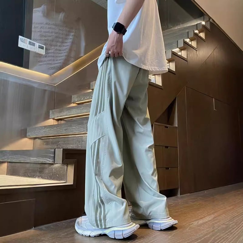 Striped Quick-Drying Ice Silk Pants Men'S Autumn New Loose Wide-Leg Boys Sports Pants Youth Casual Trousers - Image 1