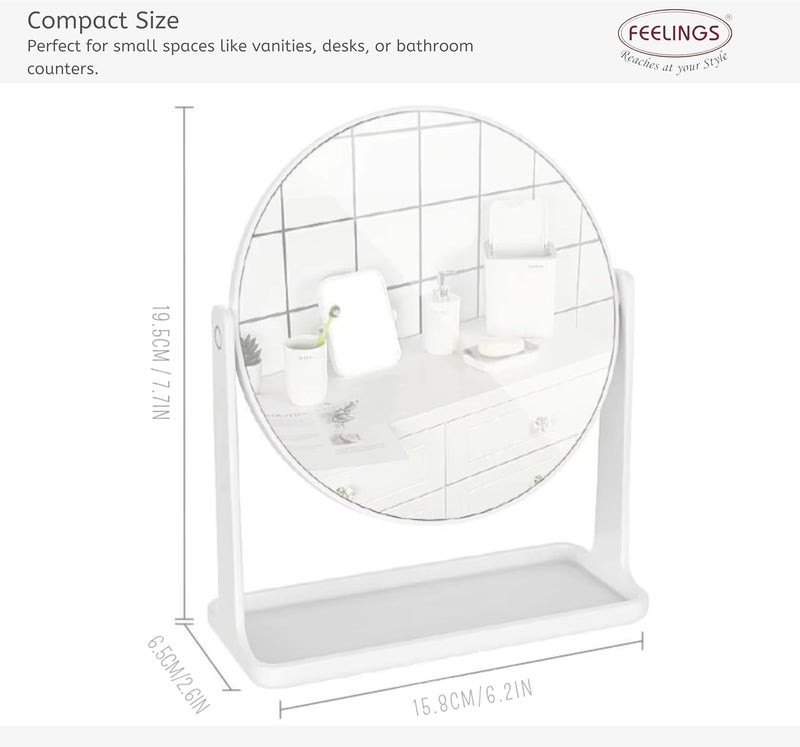 FEELINGS Round Makeup Mirror | White Desktop Vanity Mirror | 360° Rotating Mirror with Elegant Design | Portable and Lightweight Cosmetic Mirror for Home, Office, or Travel - Image 4