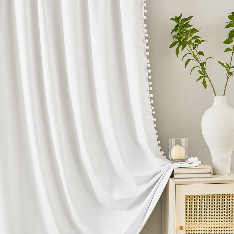 Treatmentex White Blackout Curtains for Living Room Bedroom 84inch Long Pom Pom Curtain Panels for Windows Thermal Insulated Curtains for Kids Nursery Room Rod Pocket 52"" W x 2pcs - Image 3