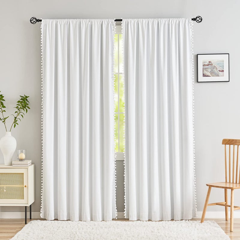 Treatmentex White Blackout Curtains for Living Room Bedroom 84inch Long Pom Pom Curtain Panels for Windows Thermal Insulated Curtains for Kids Nursery Room Rod Pocket 52"" W x 2pcs - Image 2