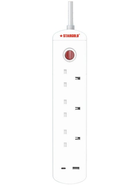 Multiple Cord Extension Set Overload Protector Electric Charging Lead 3 Way Ac Output with 1 USB and 1 USB-C Port Anti-Fire 750⁰C, 13A 5M Long Power Cable Heavy Duty Charging Station- White