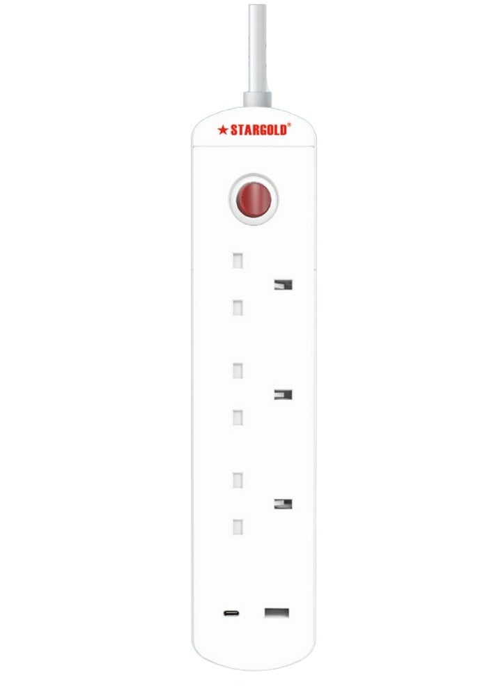 Stargold Multiple Cord Extension Set Overload Protector Electric Charging Lead 3 Way Ac Output with 1 USB and 1 USB-C Port Anti-Fire 750⁰C, 13A 5M Long Power Cable Heavy Duty Charging Station- White  - Image 1