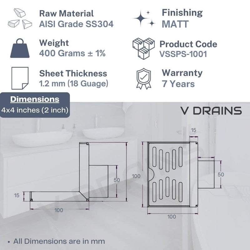 V Drains 2 inch Outlet Roof/Balcony/Terrace/Bathroom/Side Wall Corner Parapet Scupper L Shape Drain in Stainless Steel 304 (100x100x15 mm) with Outlet: 50 mm (2 inch) - Image 2