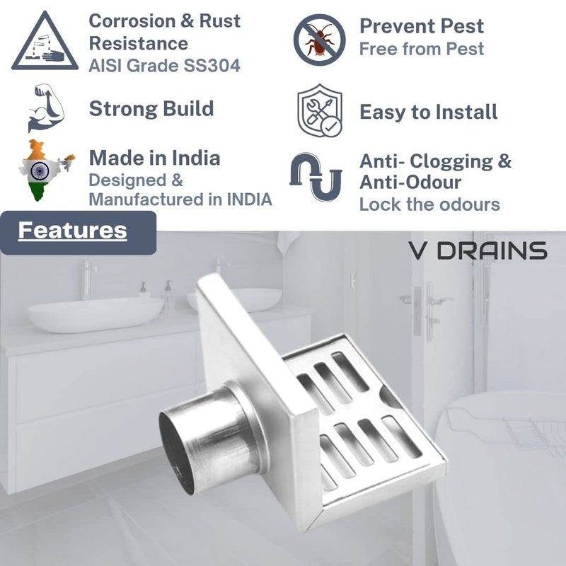 V Drains 2 inch Outlet Roof/Balcony/Terrace/Bathroom/Side Wall Corner Parapet Scupper L Shape Drain in Stainless Steel 304 (100x100x15 mm) with Outlet: 50 mm (2 inch) - Image 3