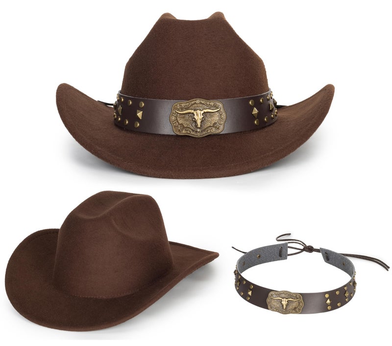 Eohak Womens Western Cowboy Hats Studded Pinched Western Cowgirl Hats Wide Brim Fedoras Hat with Belt Buckle (Size:Medium) Brown - Image 3