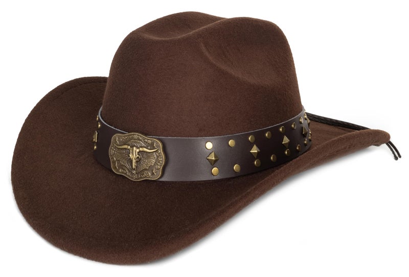 Eohak Womens Western Cowboy Hats Studded Pinched Western Cowgirl Hats Wide Brim Fedoras Hat with Belt Buckle (Size:Medium) Brown - Image 1