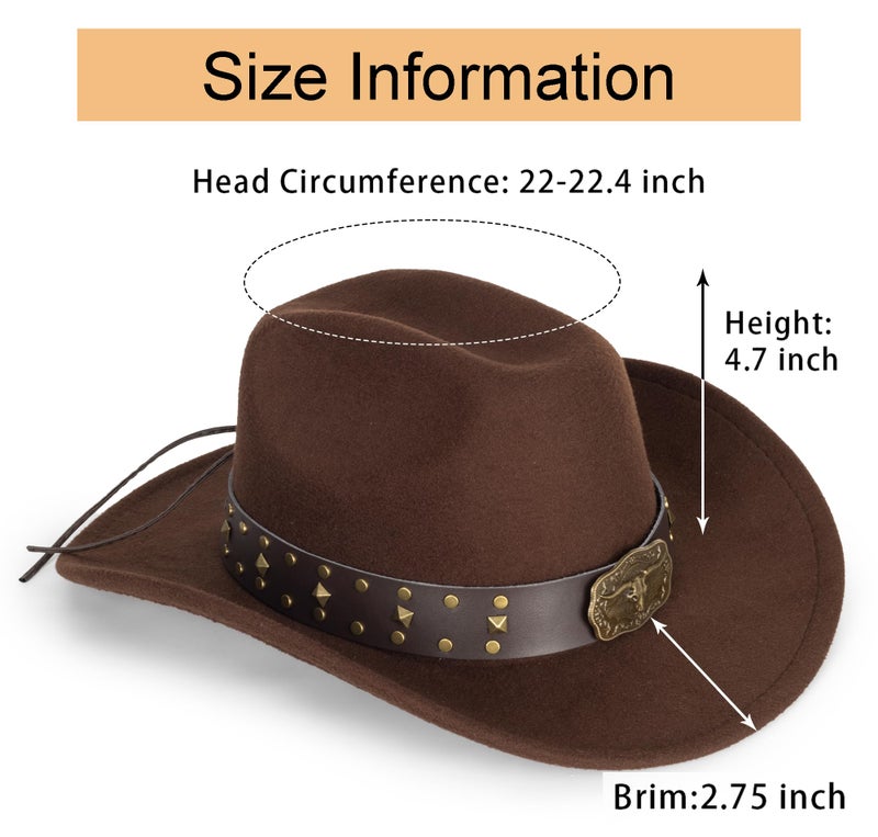 Eohak Womens Western Cowboy Hats Studded Pinched Western Cowgirl Hats Wide Brim Fedoras Hat with Belt Buckle (Size:Medium) Brown - Image 2