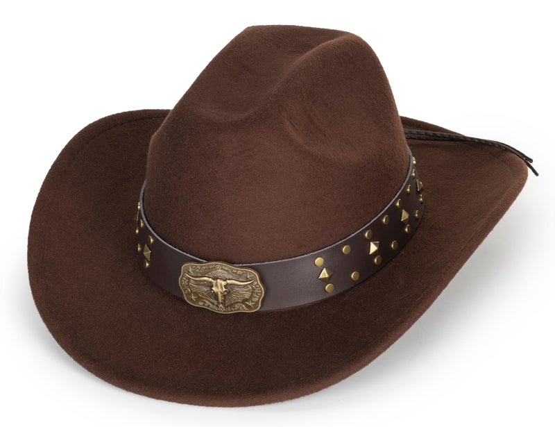 Eohak Womens Western Cowboy Hats Studded Pinched Western Cowgirl Hats Wide Brim Fedoras Hat with Belt Buckle (Size:Medium) Brown - Image 4