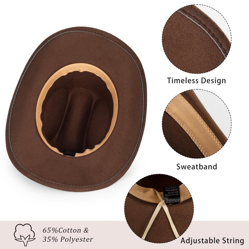 Eohak Womens Western Cowboy Hats Studded Pinched Western Cowgirl Hats Wide Brim Fedoras Hat with Belt Buckle (Size:Medium) Brown - Image 5