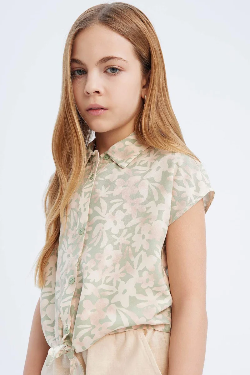 ديفاكتو Girl Cotton Patterned Short Sleeve Crop Shirt
