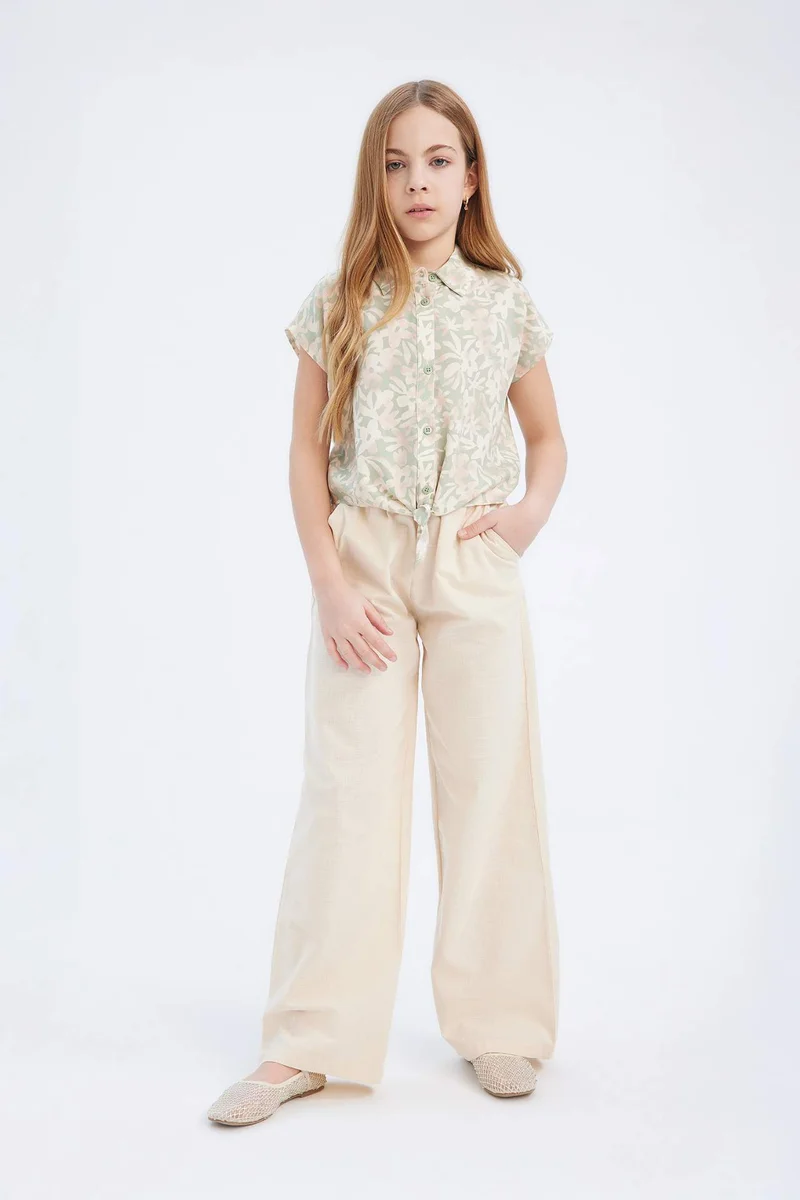 ديفاكتو Girl Cotton Patterned Short Sleeve Crop Shirt