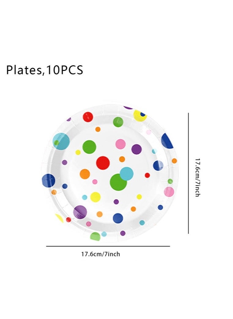 10 قطع 7 بوصة من الأطباق التي يمكن التخلص منها على شكل نقاط ملونة، أطباق مستلزمات حفلات أعياد ميلاد الأطفال وأدوات مائدة للزينة