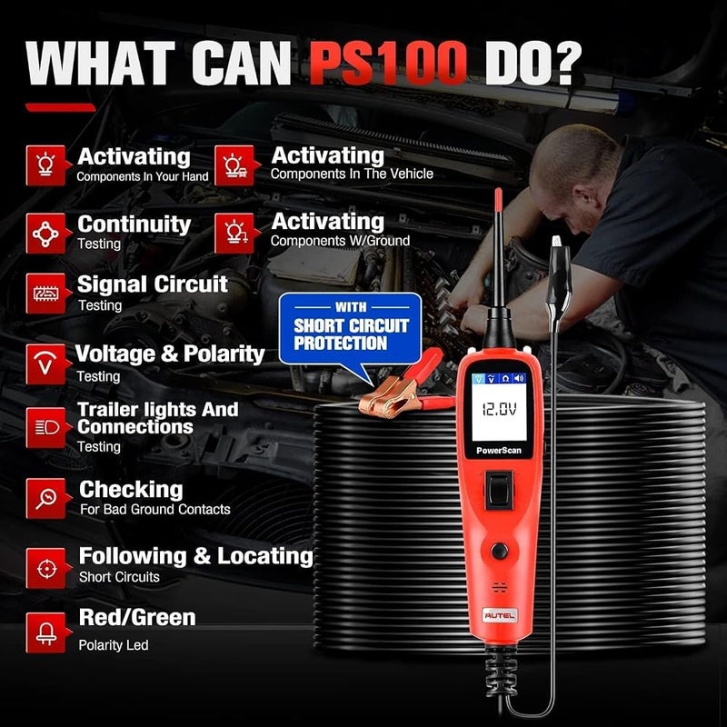 أوتل تستطيع أداة اختبار الدوائر Autel PowerScan PS100 اختبار الأطراف الموجبة والسالبة والدوائر المفتوحة بسهولة، بالإضافة إلى اختبار الاستمرارية وتشخيص أعطال الدوائر وفحص جودة الأرضيات الكهربائية (الجيدة والسيئة)، وسهولة قراءة قيم التيار والمقاوم - Image 2
