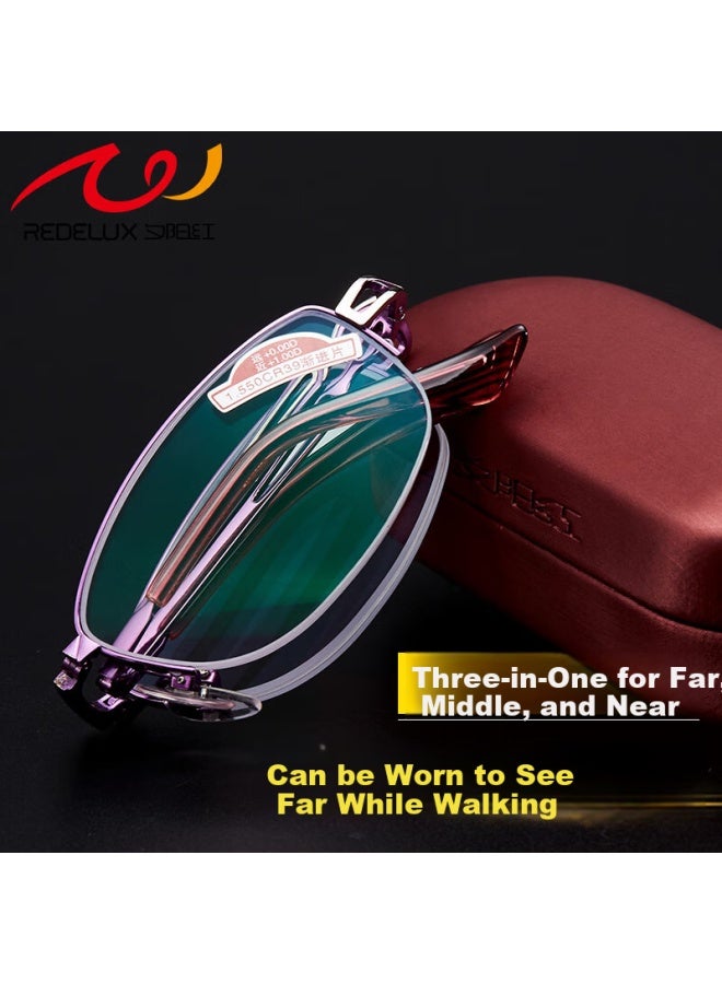 Sunset Red نظارات القراءة ثنائية البؤرة للكبار بلون Sunset Red مع حماية من الضوء الأزرق وتكبير ذكي عالي الدقة وقابلة للطي 9013 Purple +100 درجة - Image 1