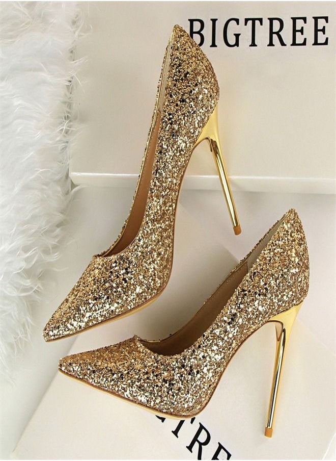 BIGTREE Pointed Glittering Sequins High Heels 9.5CM Gold 