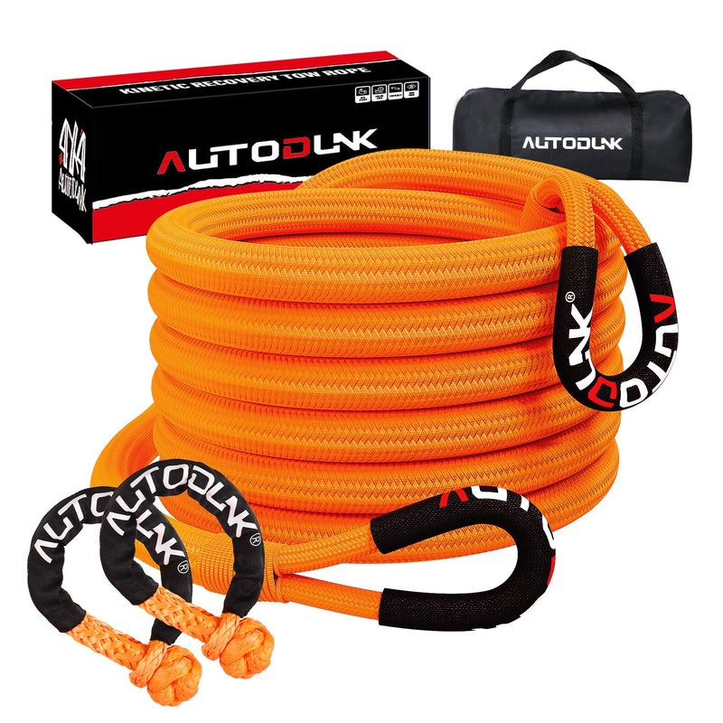 Autodunk 118 x 30 Kinetic Recovery Tow Rope 48600lbs with 2 Soft Shackles Offroad Recovery Kit for 4WD Pick Up Truck SUV ATV UTV Orange