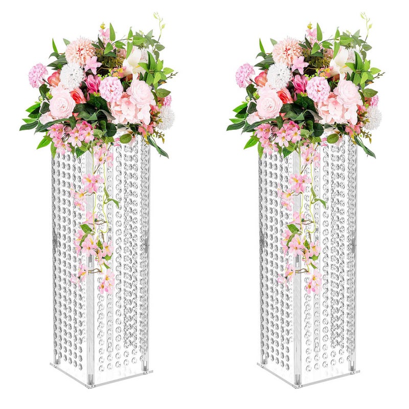 Inweder Clear Flower Stand Centerpieces for Tables  2 Pcs Acrylic Tall Vases for Centerpieces 236 Geometric Vase Stand with Chandelier Crystals Center Pieces Decoration for Wedding Party Event Home 
