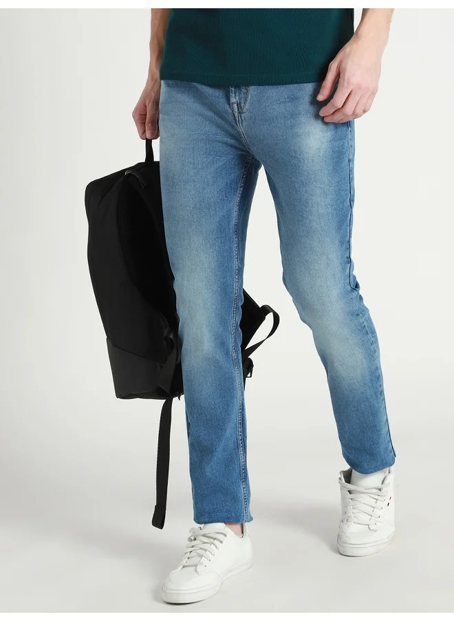 دينيس لينغو Men's Tapered Fit Mid Blue Cotton Jeans - Essential Casual Wear