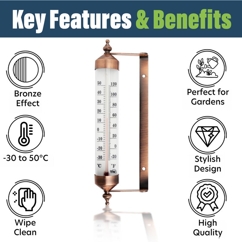 Thermometer World Outside Thermometer With Bronze Effect Design - Stylish Outdoor Thermometer Suitable For Outside Wall Greenhouse Garage - Image 2
