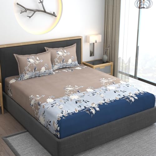 AMEYAA 350 TC Cotton Feel Glace Cotton All Around Elastic Fitted Floral Bedsheets Queen Size | Premium Super Soft Fitted Bedsheet Queen Size for Double Bed | Fits Up to 8 to 10 Inches, 60 x 78, Navy - Image 2
