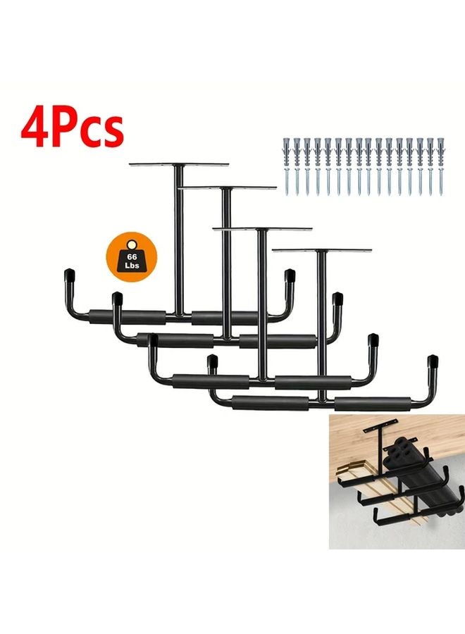 4 Black Heavy Duty Metal Garage Storage Rack With T Shaped Hooks Ceiling Mounted Tool Organizer - Image 1